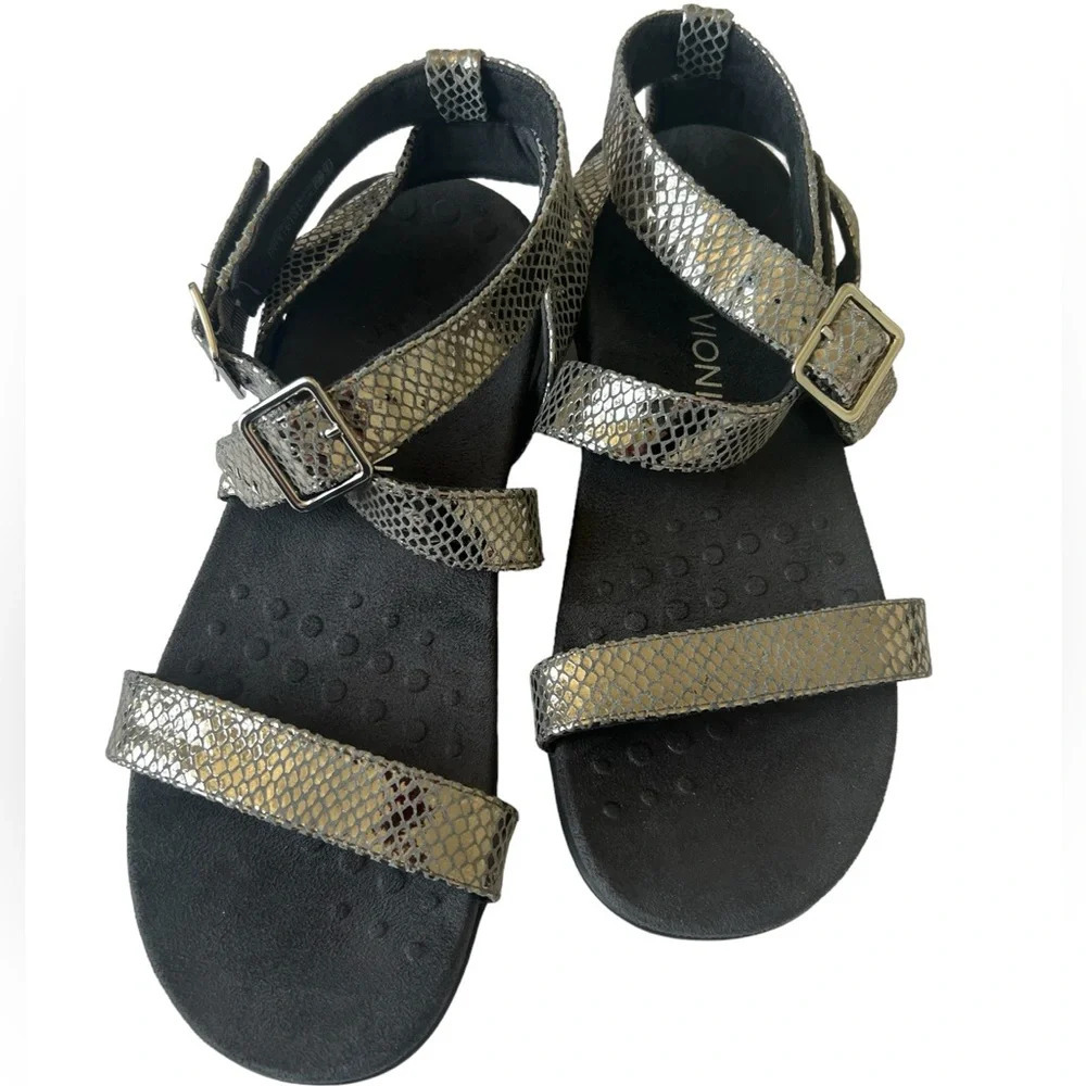 Vionic Elnora Strappy Sandals Shoes Women’s 11 Black Silver Metallic Orthotic